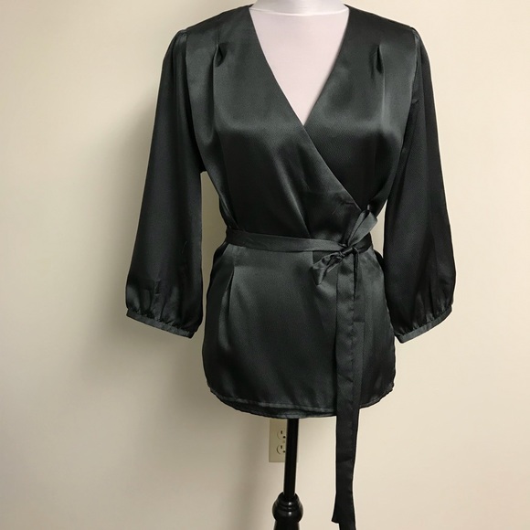 Banana Republic Tops - BANANA REPUBLIC Gray Satin Wrap Blouse Tie Waist